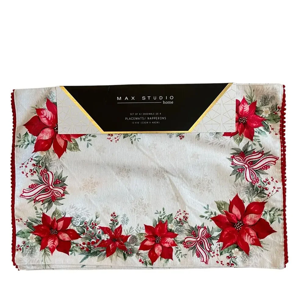 Max Studio Christmas Poinsettia & Bows Placemats 13x19 Set of 4 Holiday Red NEW
